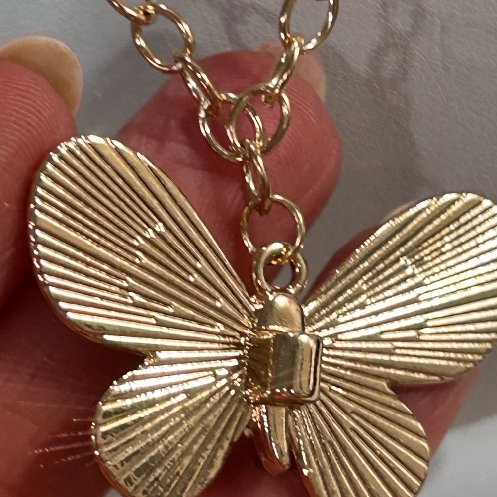 You Pick ⛏️🌟 White or Pink Butterfly Chanel Zipper pull on gold Necklace - Picture 3 of 8